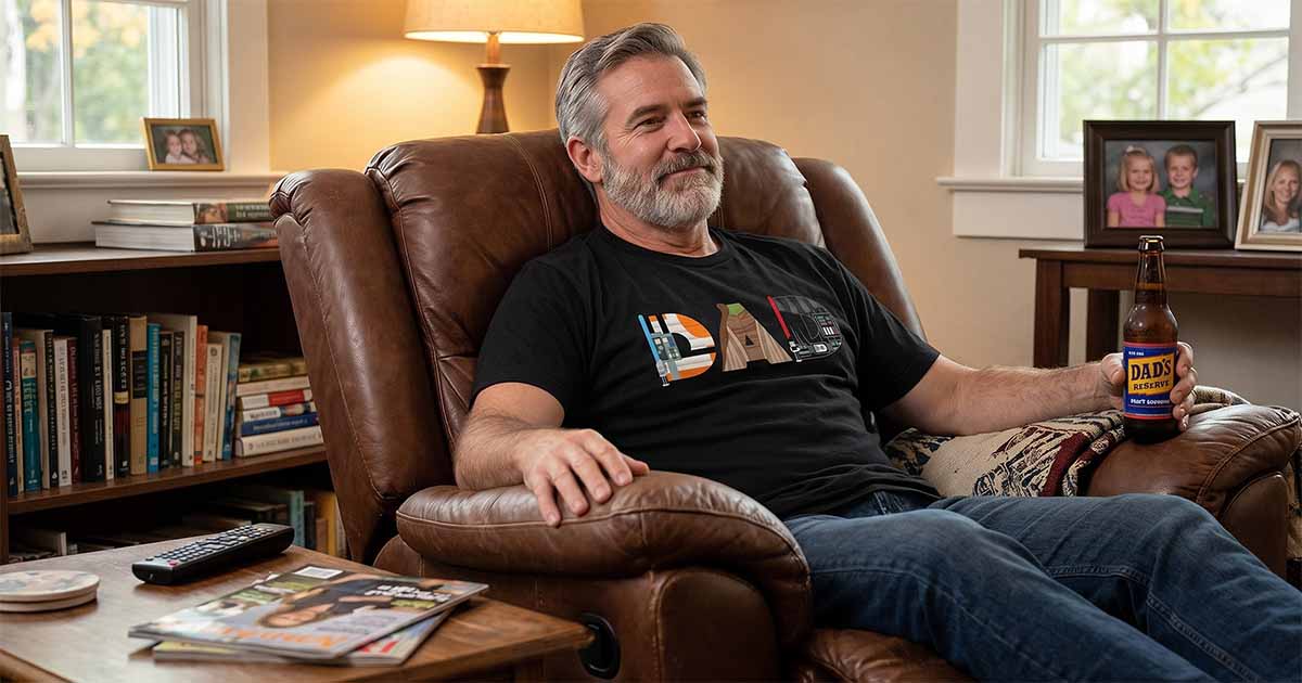 Middle-aged father relaxing in a recliner wearing a sci-fi dad T-shirt inspired by “Star Wars” imagery.