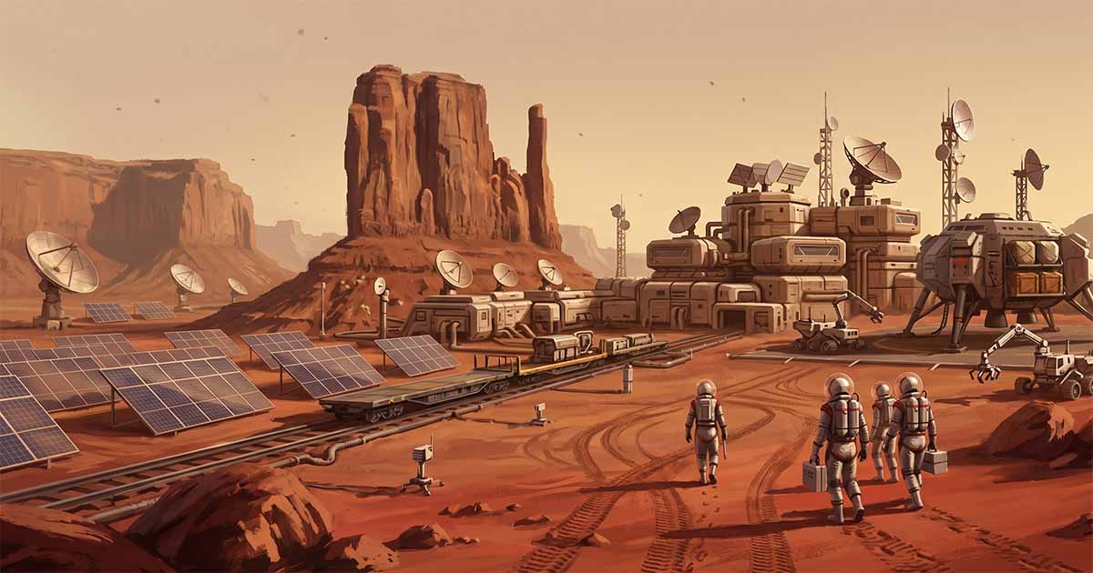 Astronauts approaching a scientific base on a realistic Martian landscape with solar panels and communication towers.