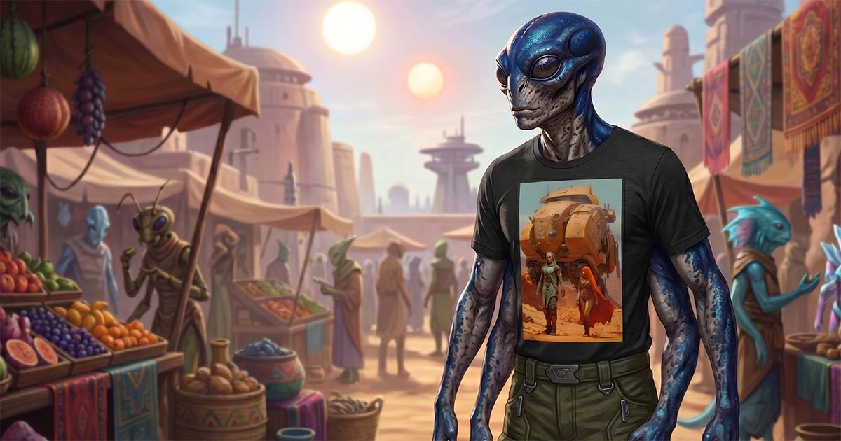 Blue alien wearing a black “Royal General Mars” science-fiction T-shirt in a crowded futuristic Martian marketplace filled with strange creatures and desert architecture.