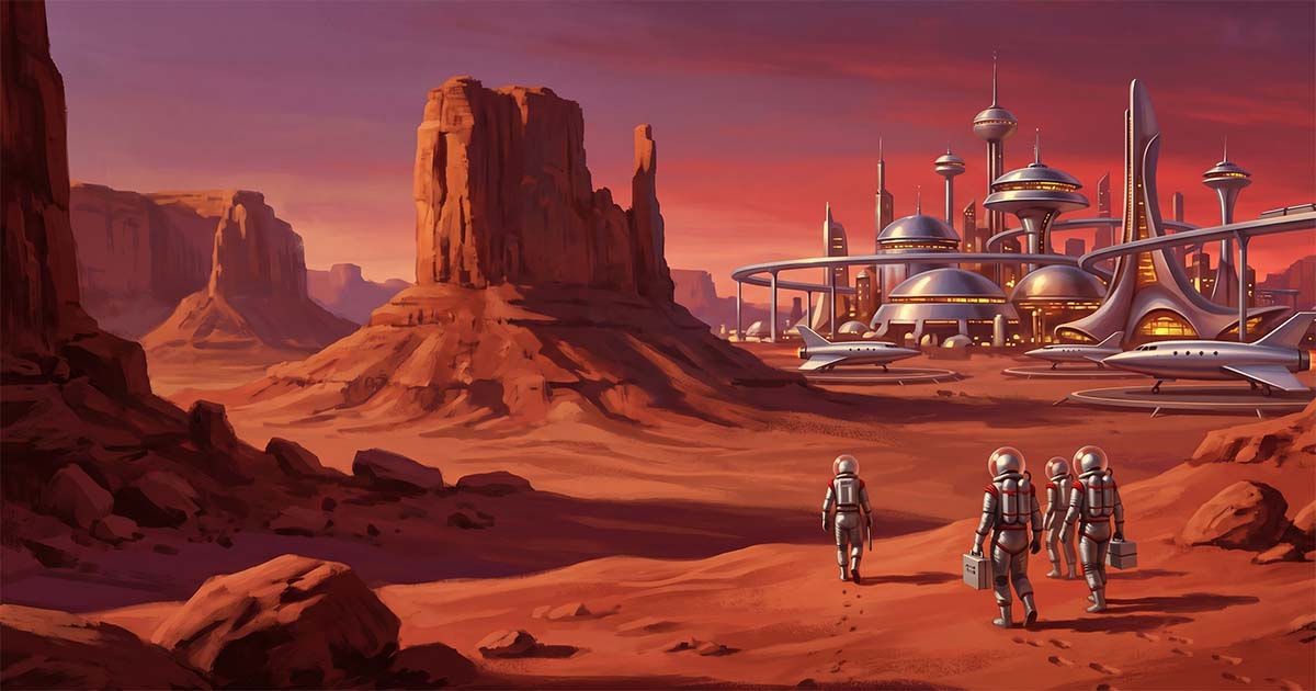 Astronauts walking toward a futuristic Martian city in a red desert landscape at sunset.