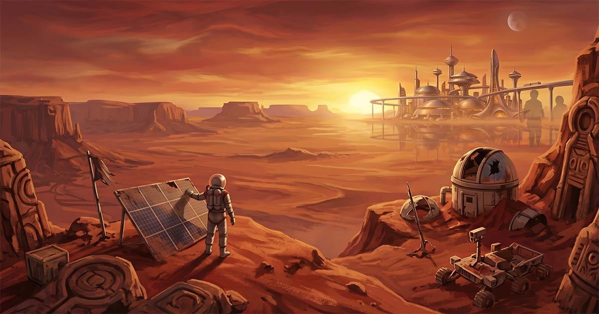 Astronaut overlooking a Martian desert with futuristic ruins and exploration equipment at sunset.