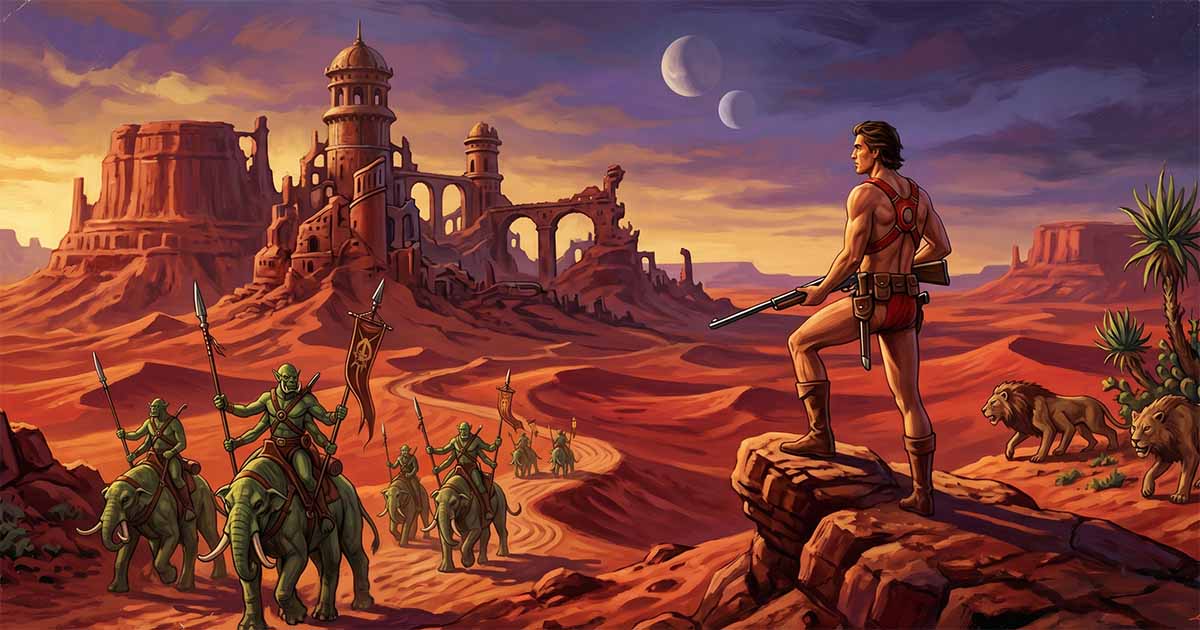 John Carter-inspired artwork of a hero overlooking ancient Mars and alien riders.
