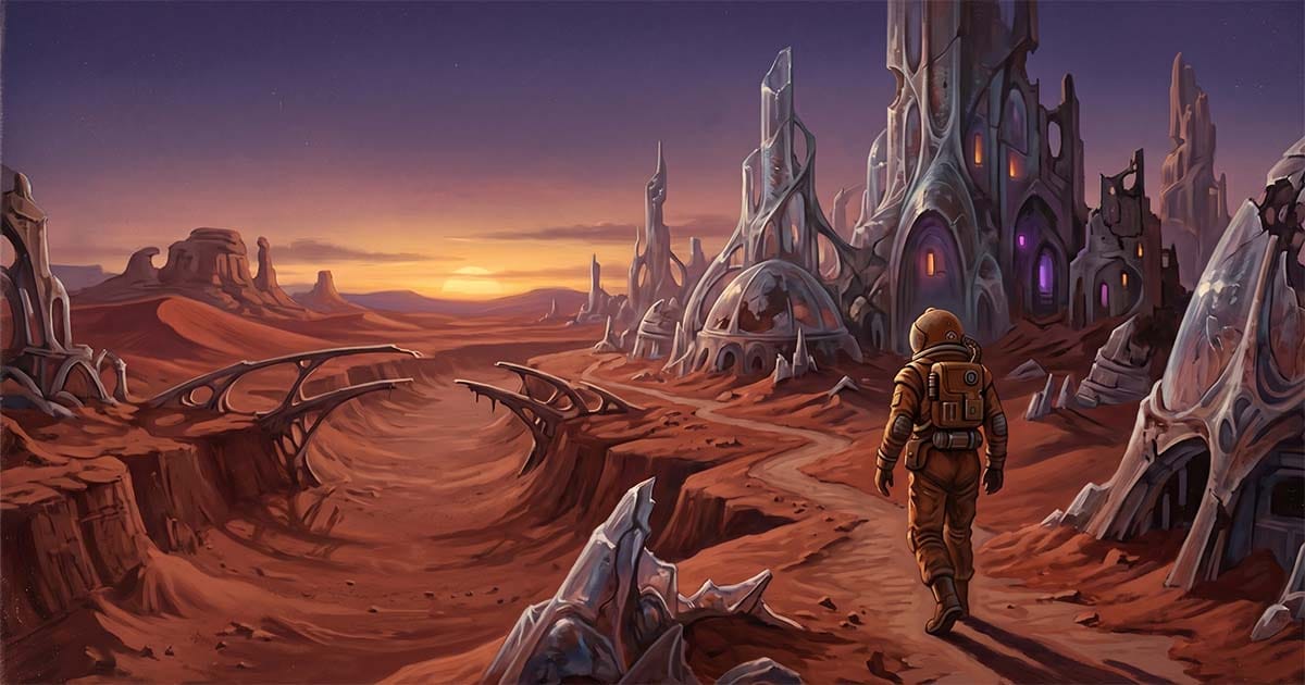 Astronaut exploring the ruins of a futuristic Martian city at sunset.