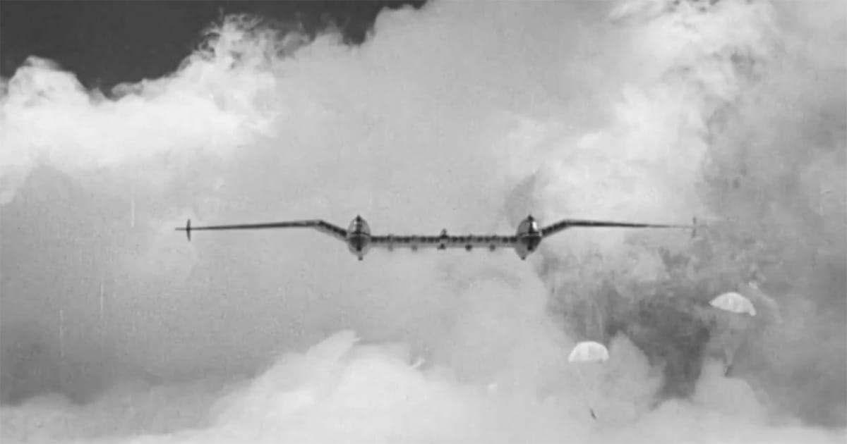 Futuristic aircraft flying through clouds in "Things to Come" (1936) with parachutes below, symbolizing humanity’s drive toward progress and exploration