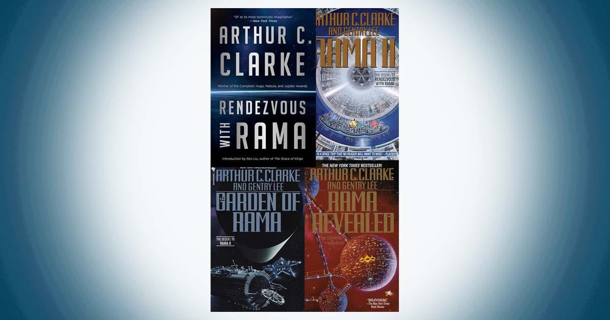 Covers of the Rama science fiction series by Arthur C Clarke and Gentry Lee showing a massive cylindrical alien spacecraft and space exploration scenes.