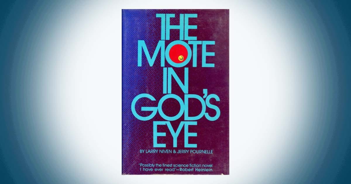 Cover of The Mote in God's Eye by Larry Niven and Jerry Pournelle featuring bold title text with a red circular focal point symbolizing an alien star system.