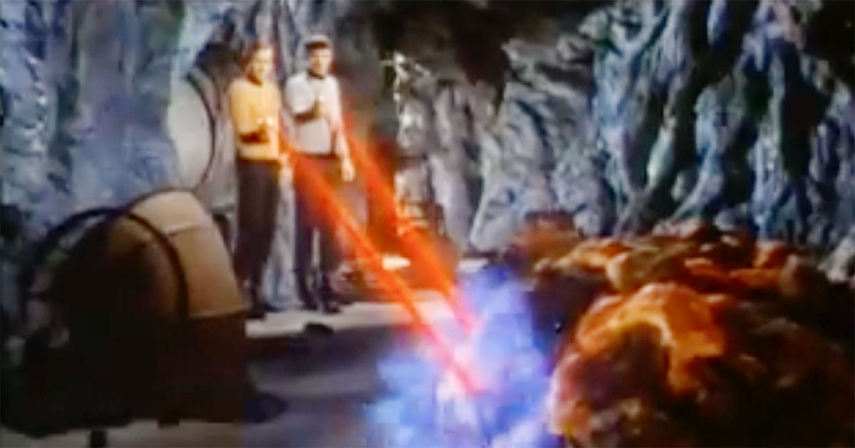 Kirk and Spock confronting the Horta in the classic "Star Trek" episode "The Devil in the Dark"