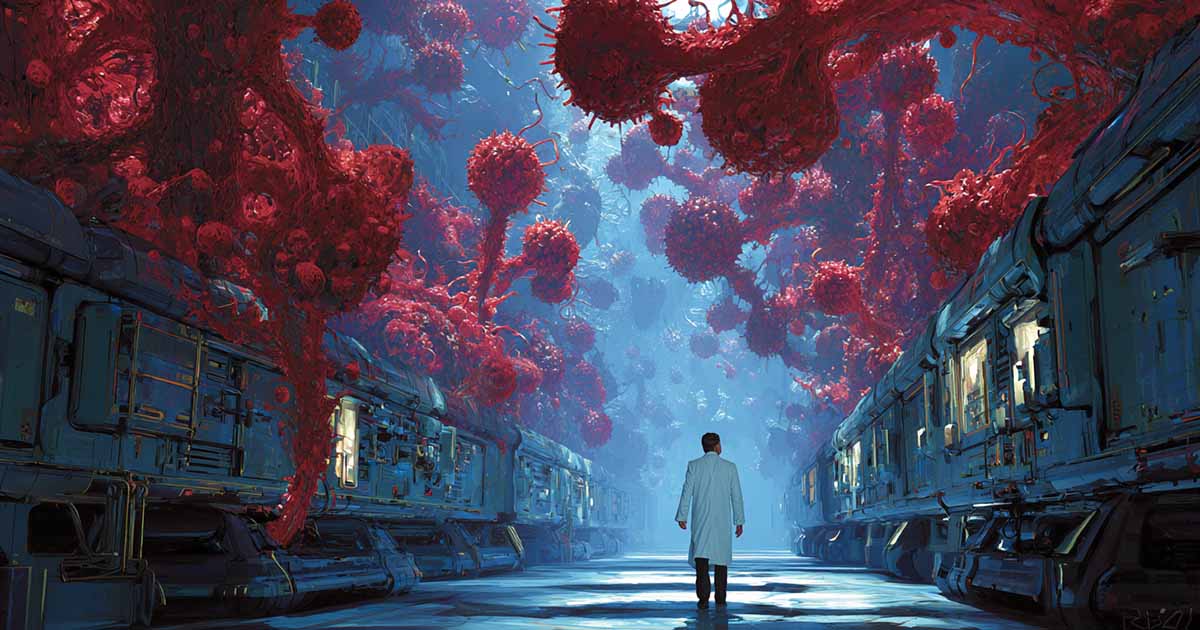 Retro-futurist science-fiction illustration of a scientist standing in a futuristic biotechnology corridor overtaken by massive glowing red organic structures and cellular growths.