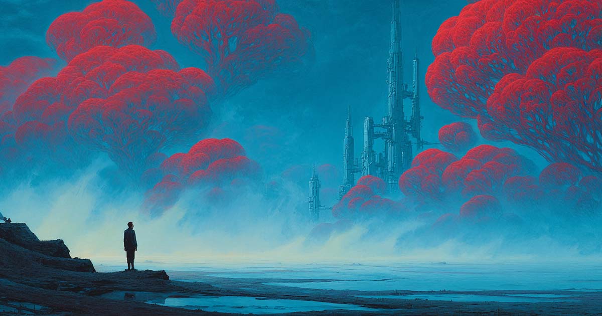 Retro-futurist science-fiction illustration of a lone figure standing before towering crimson organic formations and distant futuristic structures in a mist-covered landscape.