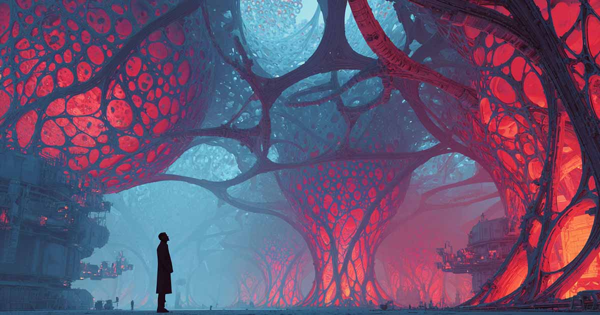 Retro-futurist science-fiction illustration of a lone human figure standing beneath enormous glowing crimson biological structures merged with futuristic industrial architecture in a mist-filled landscape.