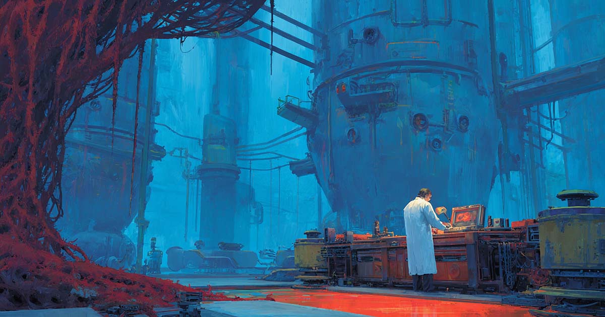 Retro-futurist science-fiction illustration of a scientist working inside a massive biotechnology laboratory as glowing crimson organic growth spreads through blue industrial machinery.