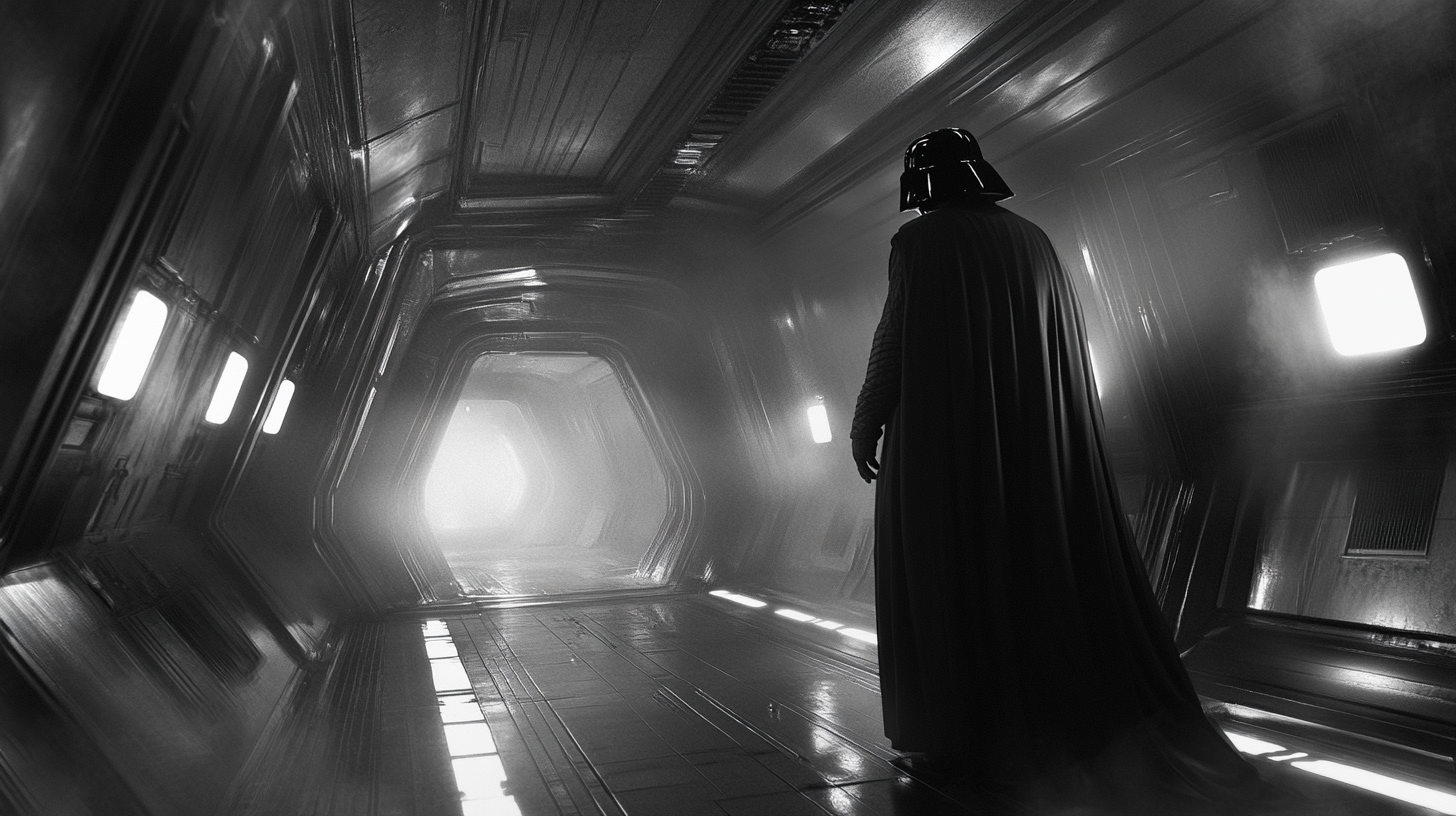 Darth Vader standing alone in a dark metallic corridor filled with fog and bright industrial light.