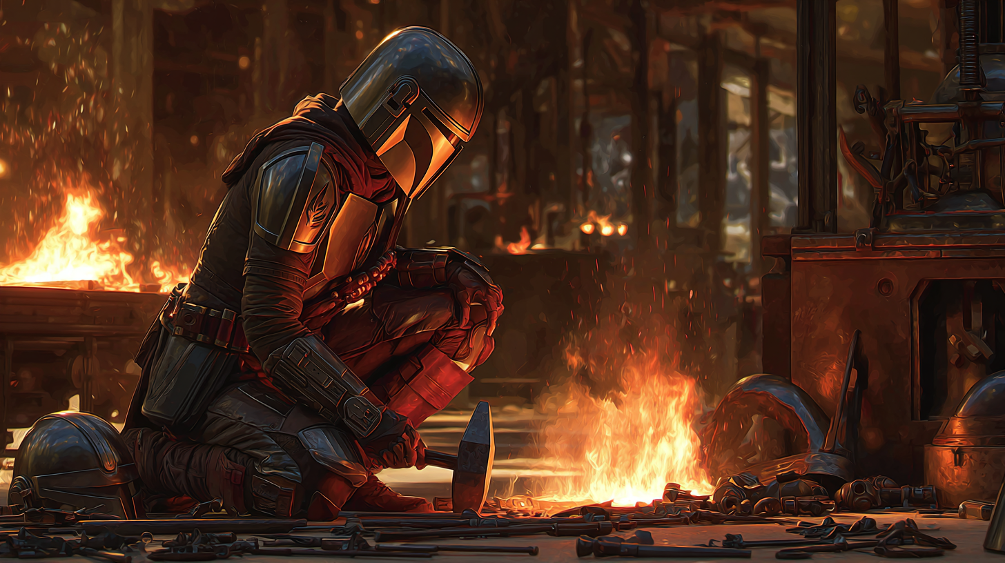 Armored Mandalorian figure kneeling beside a forge surrounded by tools, helmets, and glowing fire in a workshop setting.