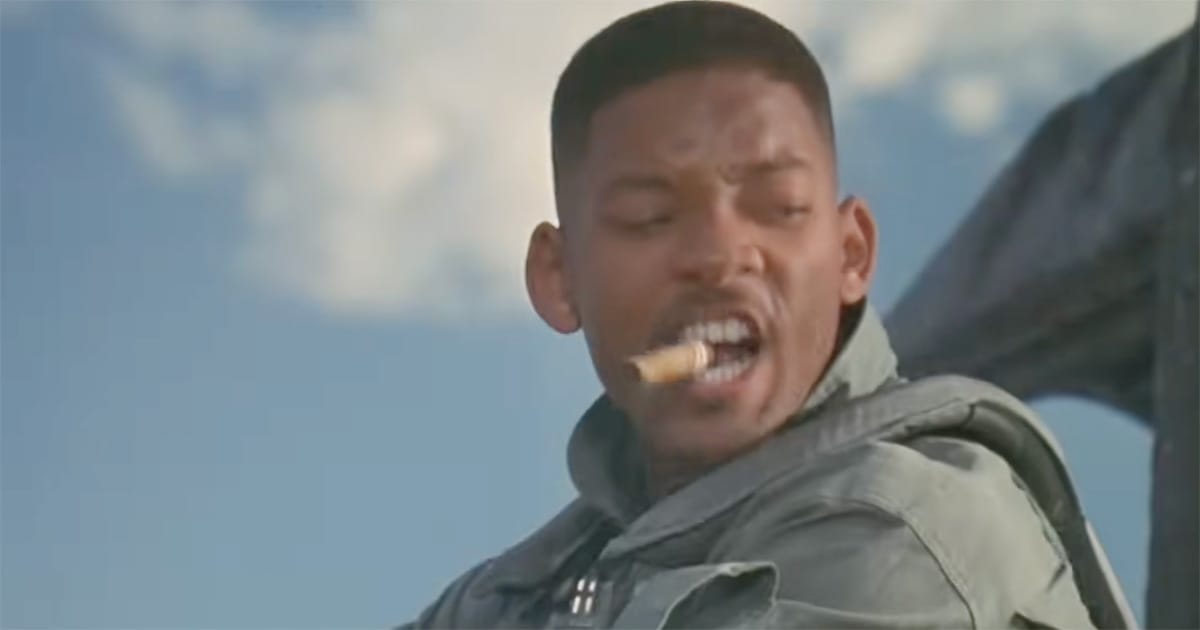 Marine Corps Captain Steven Hiller, portrayed by Will Smith, prepares for battle aboard his fighter aircraft in "Independence Day."