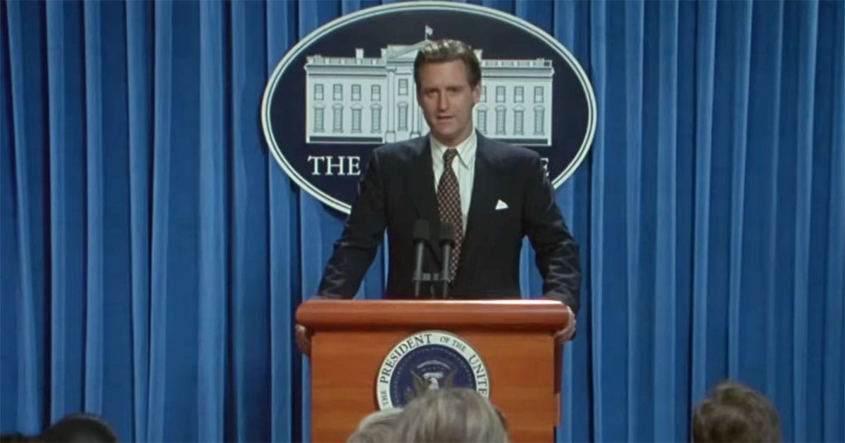 President Thomas J. Whitmore addresses the nation from the White House briefing room in the 1996 science fiction film "Independence Day."