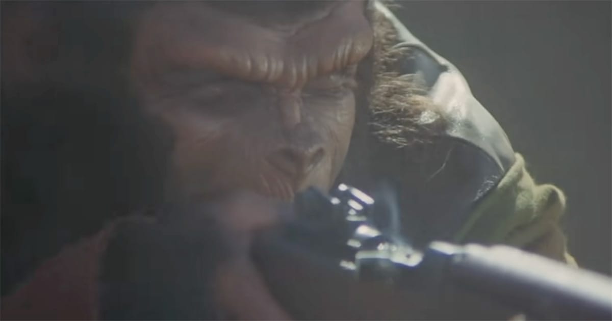 Armed ape aims a rifle in "Battle for the Planet of the Apes," reflecting the return of conflict within the new civilization.