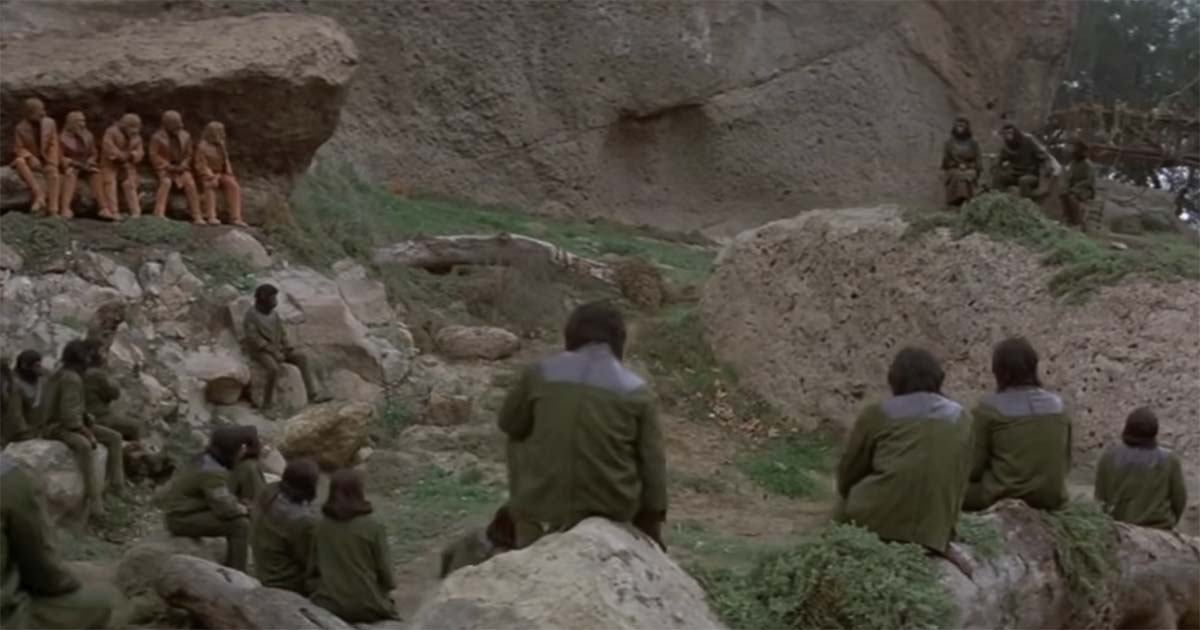 Apes and humans assembled in a rocky outdoor meeting area in "Battle for the Planet of the Apes" as they work to establish a new society.