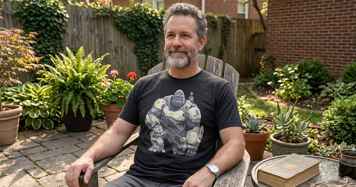 Man seated outdoors wearing a black Ironclaw Bongo science fiction T-shirt featuring an armored gorilla warrior carrying a futuristic weapon.