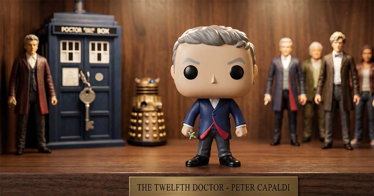 Twelfth Doctor Funko Pop figure of Peter Capaldi displayed with a TARDIS model, Dalek figure, and other Doctor Who character collectibles on a wooden shelf.