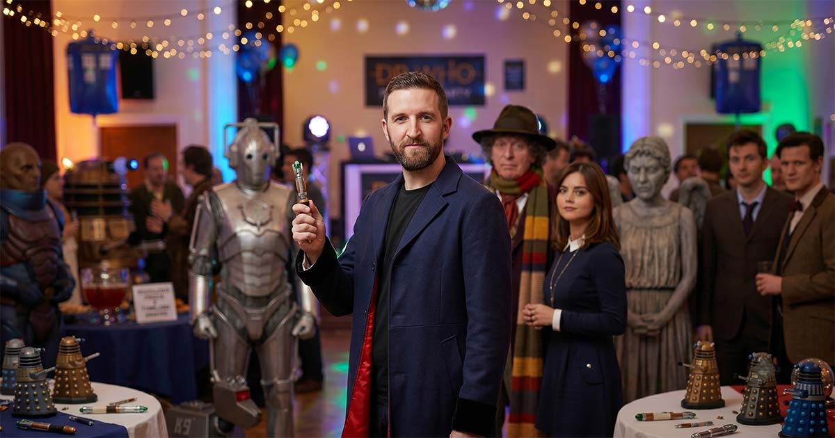 Doctor Who fans in costume at a convention featuring Daleks, Cybermen, Weeping Angels, sonic screwdrivers, and TARDIS decorations.