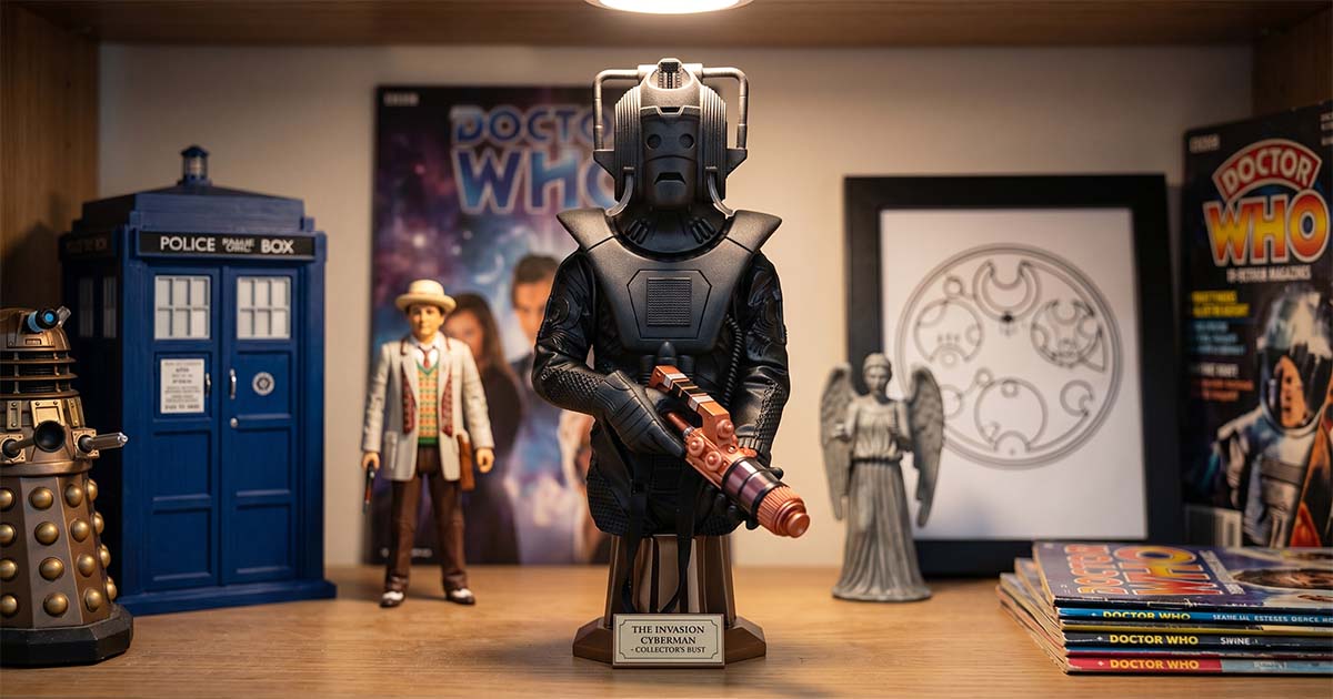 Cyberman collector bust displayed with a TARDIS model, Dalek figure, Weeping Angel statue, and Doctor Who memorabilia on a display shelf.
