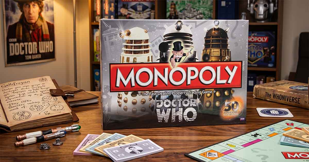 Doctor Who Monopoly 50th Anniversary Collector's Edition board game displayed with sonic screwdrivers, Gallifreyan notes, and Doctor Who memorabilia on a desk.
