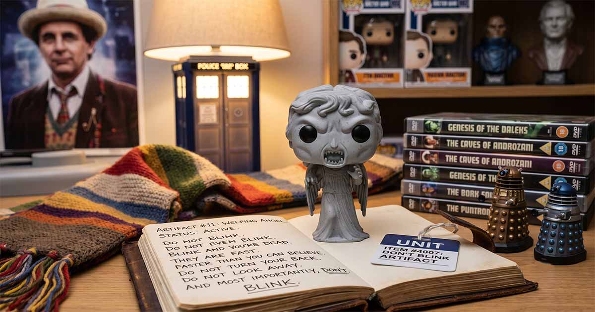 Doctor Who Weeping Angel Funko Pop figure displayed on a desk with a Fourth Doctor scarf, TARDIS lamp, Dalek models, and classic Doctor Who DVDs.