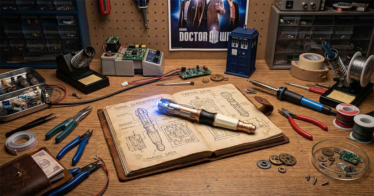 Eleventh Doctor sonic screwdriver prop resting on technical schematics in a workshop surrounded by electronics, tools, and Doctor Who memorabilia.