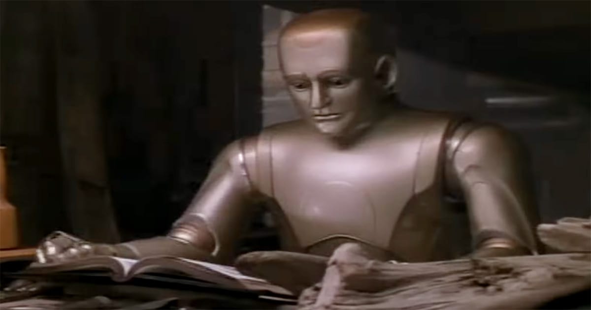 Andrew Martin, the android from "Bicentennial Man," reading a book as he explores human knowledge, culture, and identity.