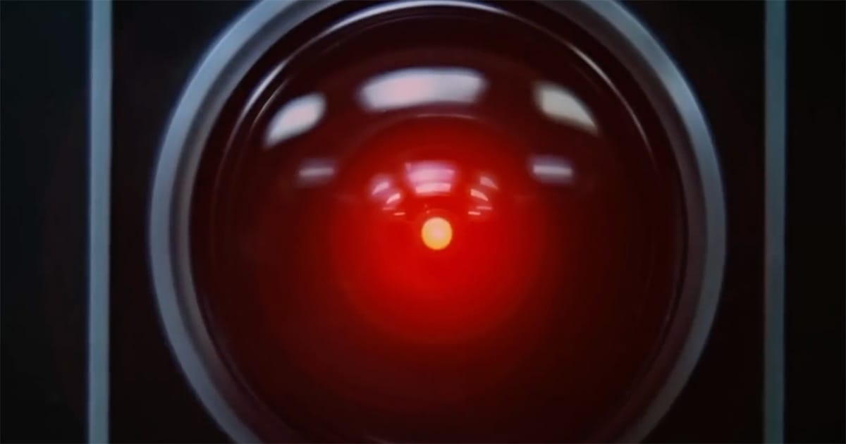 The glowing red eye of HAL 9000 from "2001: A Space Odyssey," one of science fiction's most iconic artificial intelligences.