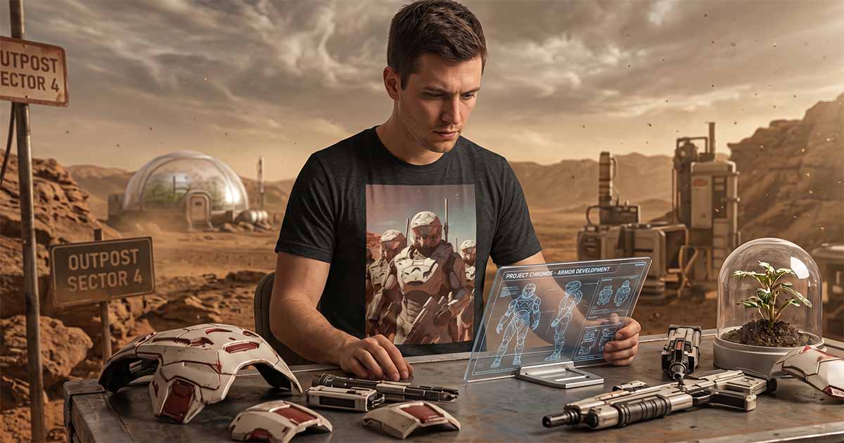 Man seated at a futuristic Mars outpost workstation wearing a science fiction armor graphic t-shirt while reviewing holographic armor designs surrounded by futuristic equipment.