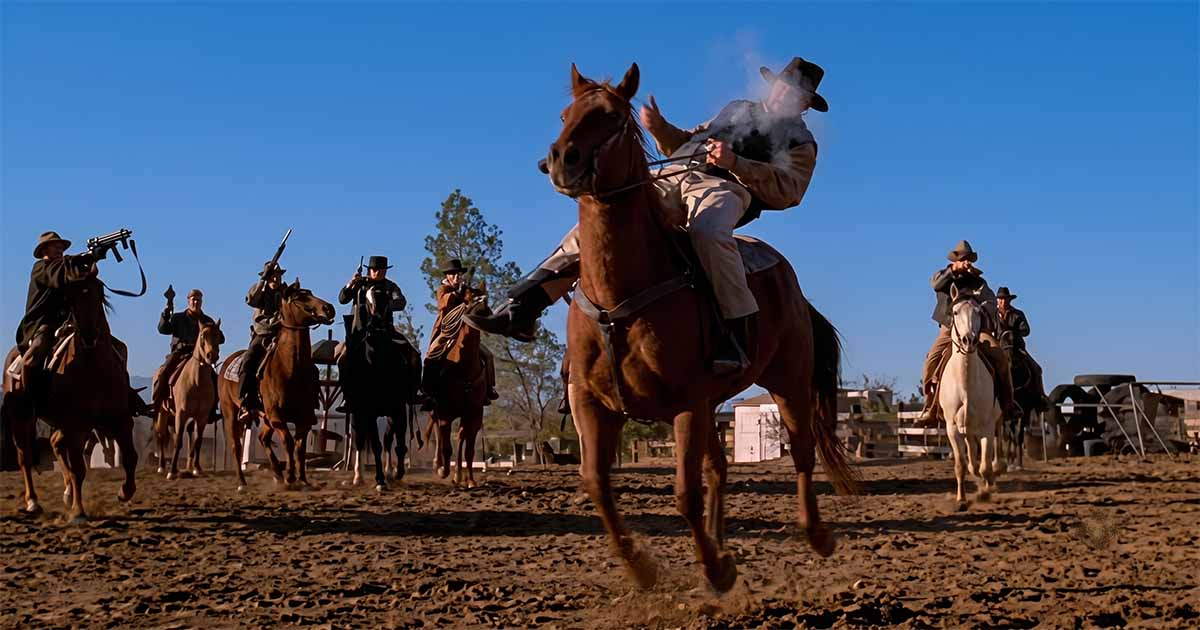 Horseback riders exchange gunfire during a frontier-style confrontation in "Firefly."
