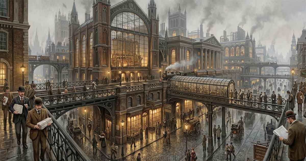 Alternate Victorian city transformed by mechanical computing technology.