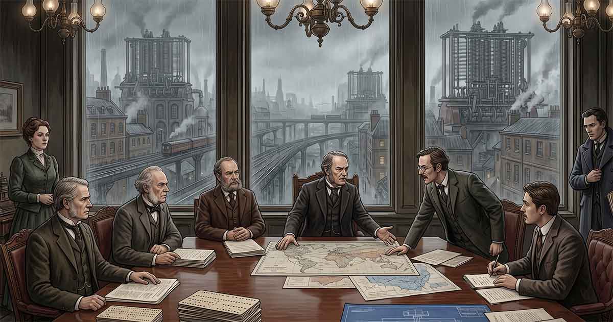Victorian officials and scientists meeting in an alternate-history London.