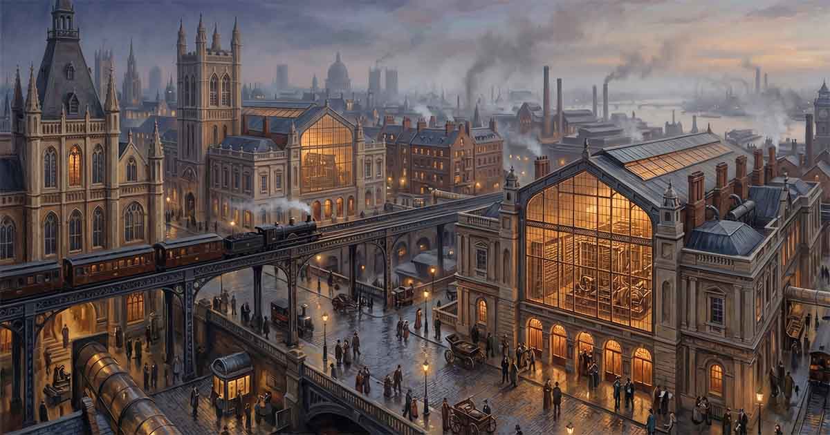 Victorian London transformed by mechanical computation at dusk.