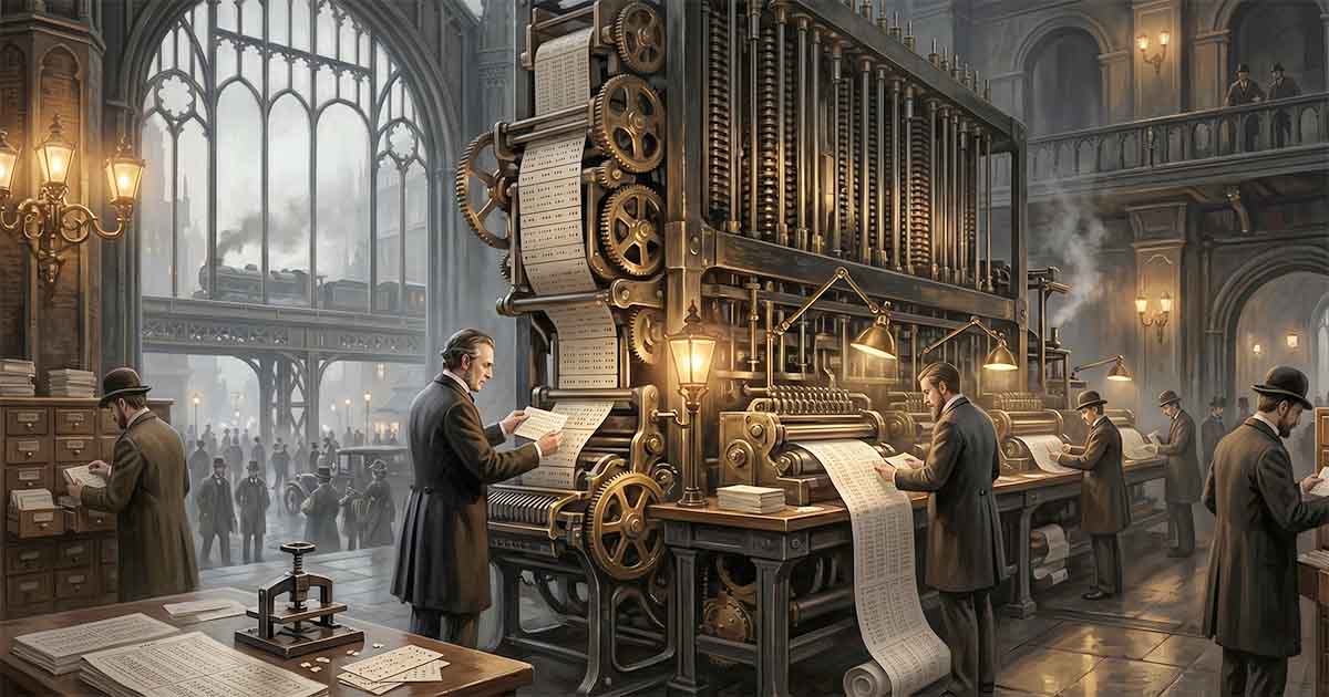 Victorian computing hall filled with mechanical engines and punched-card clerks.