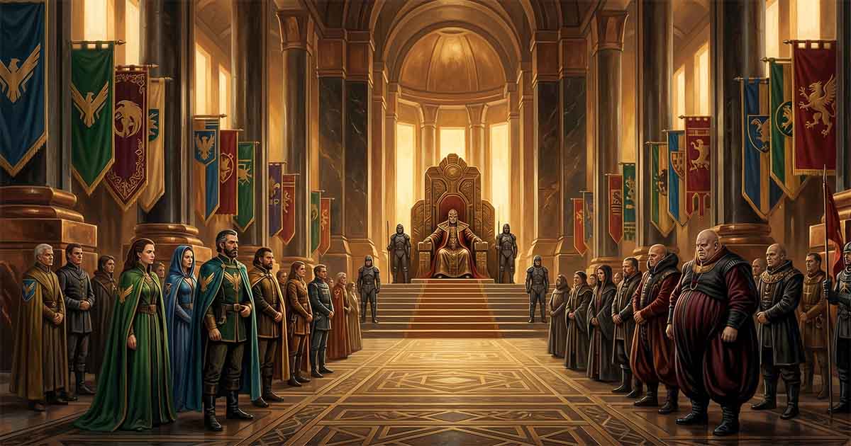 The Padishah Emperor seated on a throne while representatives of rival noble Houses gather beneath colorful banners in a grand ceremonial hall.