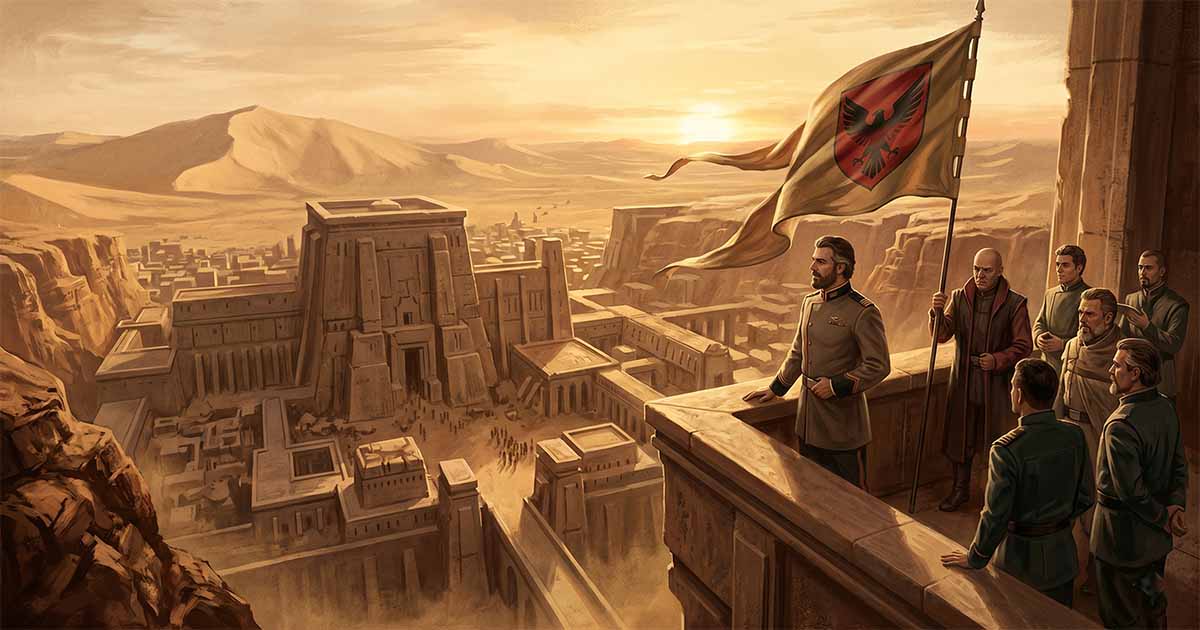 Duke Leto Atreides stands on a balcony overlooking a desert city while advisors and retainers gather beneath the banner of House Atreides.