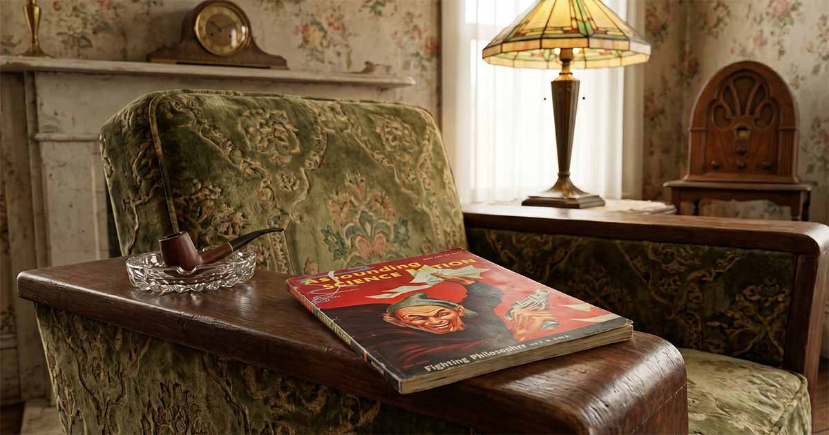 Vintage science fiction magazine on an armchair