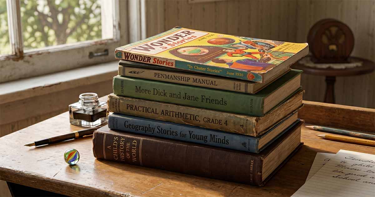 Vintage "Wonder Stories" magazine on a stack of books.