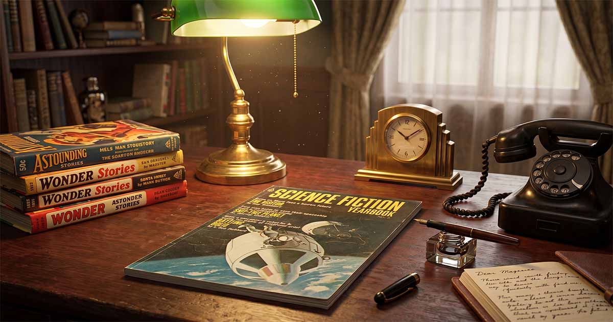Vintage science fiction magazines on a desk.
