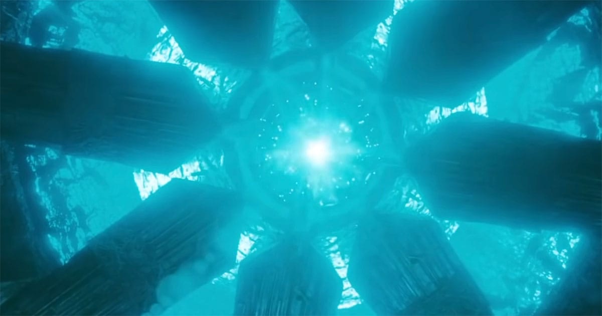 View looking up into the glowing energy core of the alien mothership in the 1996 science fiction film "Independence Day."
