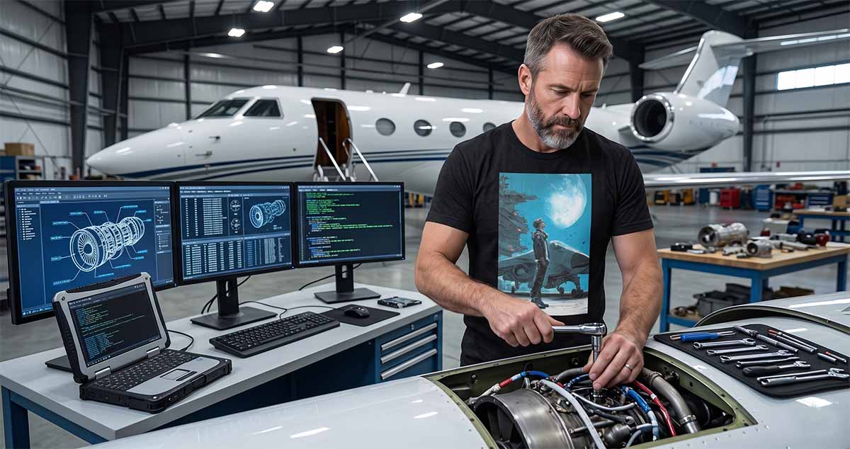 Man wearing the "Pilot Beneath the Twin Moons" science fiction T-shirt while working on an aircraft engine in a hangar. The shirt features a lone starfighter pilot standing beneath two moons beside his spacecraft.