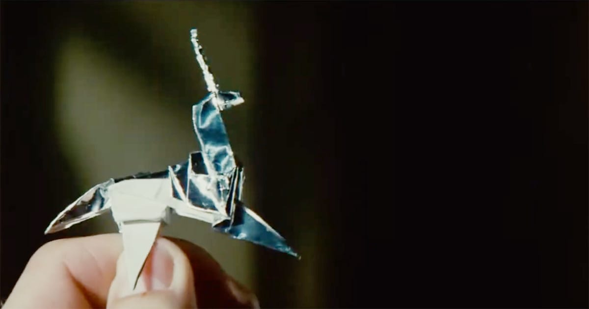 Gaff's origami unicorn left outside Deckard's apartment in "Blade Runner" (1982).