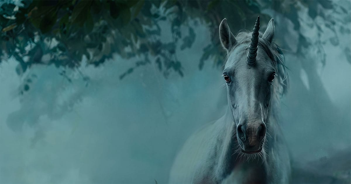 A white unicorn running through a sunlit forest in Deckard's dream sequence from "Blade Runner" (1982).