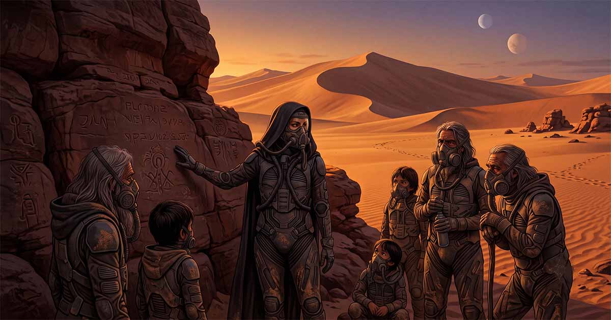 A Bene Gesserit sister in a stillsuit shares stories with Fremen elders and children beside ancient carved rocks on Arrakis, illustrating how the Missionaria Protectiva planted enduring myths.