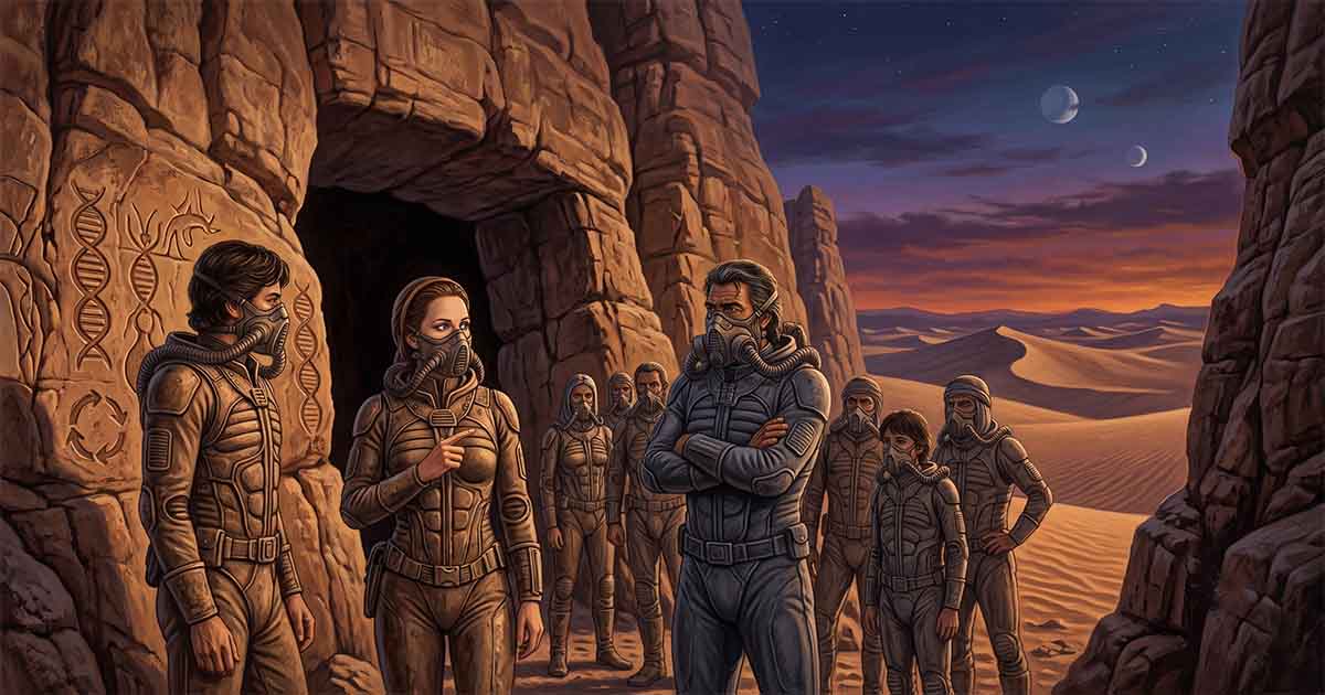 Lady Jessica and Paul Atreides meet Stilgar and the Fremen outside a sietch on Arrakis, where Jessica recognizes familiar Bene Gesserit influences within ancient local traditions.