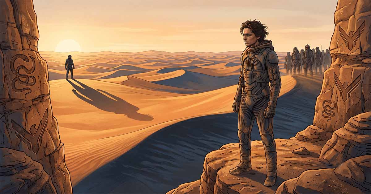 Paul Atreides stands on a desert ridge overlooking Arrakis while a group of Fremen watches from below, illustrating the tension between prophecy and carefully cultivated belief.