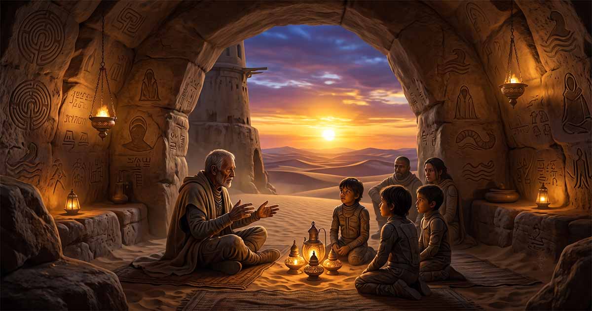 An elder shares ancient stories with Fremen children inside a sietch as carved symbols cover the stone walls and the deserts of Arrakis glow at sunset.