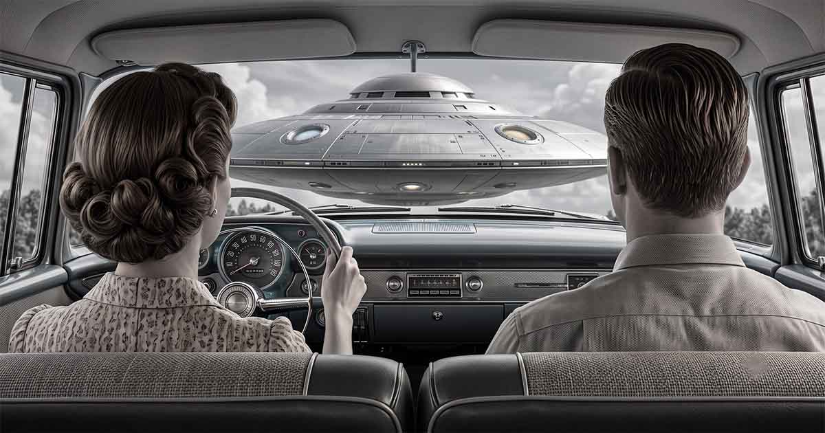 Dr. Russell and Carol Marvin encounter a flying saucer while driving in the 1956 science fiction film "Earth vs. the Flying Saucers"